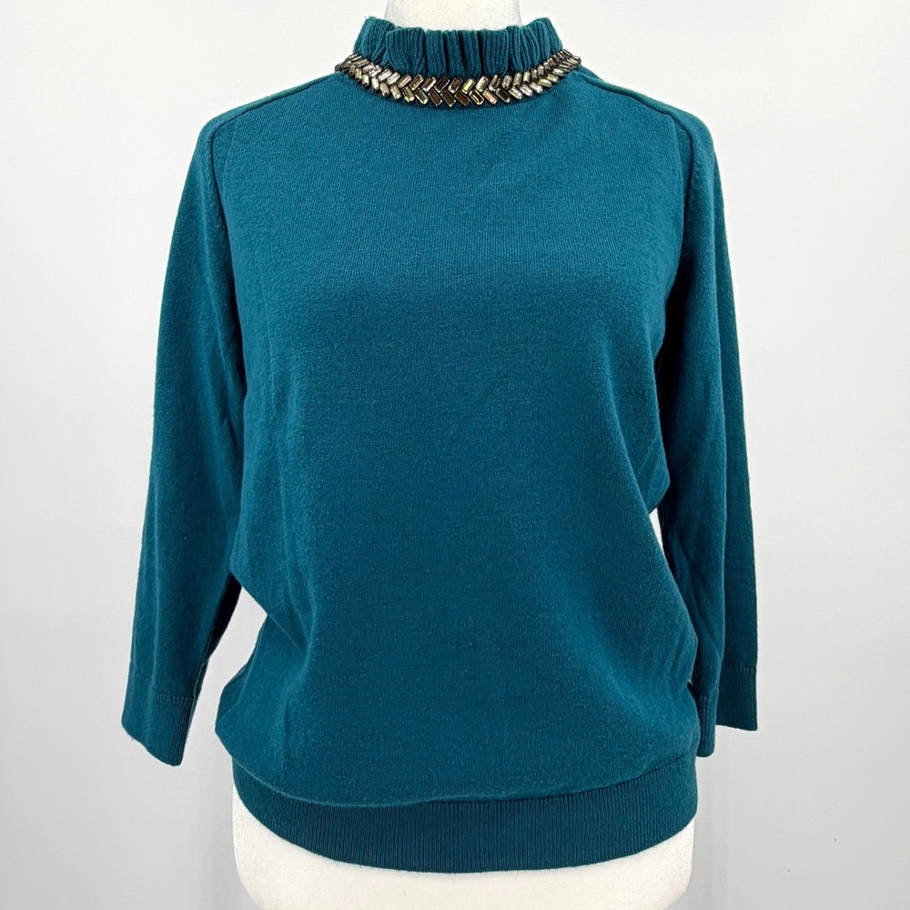 RSVP by Talbots Teal Cashmere Blend Ruffle Tie Neck Embellished Sweater PS New